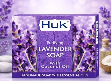 Huk purifying lavender bar soap with coconut oil and essential oils in a floral purple box.