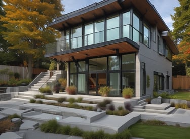 A series of modern wooden houses with large glass windows and triangular, black shingled roofs. The architecture features balconies with glass railings, creating a sleek and contemporary appearance.