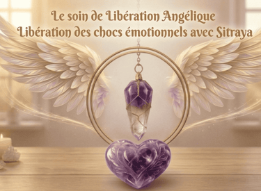 Soin de libération angélique avec pendule en améthyste et ailes d'ange pour la guérison émotionnelle.
