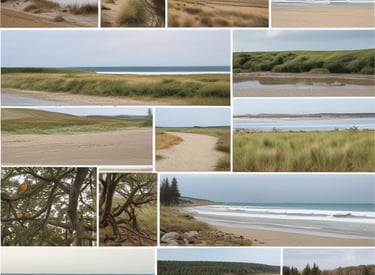 A serene forest path with a person walking contemplatively surrounded by soft coastal colors