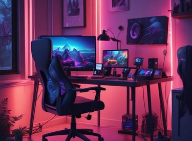 A sleek workspace featuring multiple digital devices with code and analytics on screens.