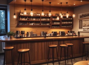 A cozy café interior with wooden textures and warm lighting.