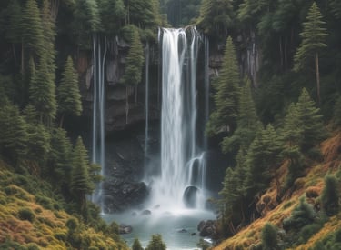 Several rustic wooden cabins are surrounded by trees and a grassy area. The cabins have thatched roofs and are decorated with various buoys and life rings. There is a simple wooden fence in the foreground, and colorful triangular flags are strung between trees.