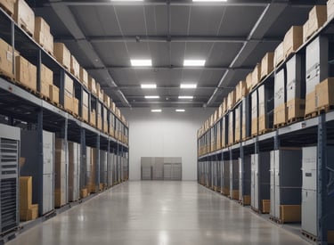 A brightly lit, spacious retail clothing store with rows of neatly arranged clothing racks and shelves filled with folded garments. The store has high ceilings with numerous spotlights and a modern, minimalist design. Multiple stacks of white shoe boxes are prominently displayed on tables throughout the space.