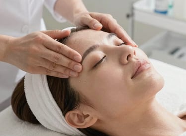 A smiling woman with smooth skin enjoying a relaxing facial treatment under soft lighting.