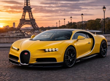 Bugatti Chiron amarelo em estrada ao pôr do sol, um dos candidatos a carro mais rapido do mundo