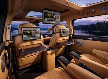 Interior do Denza D9 com telas traseiras e sistema de entretenimento para passageiros