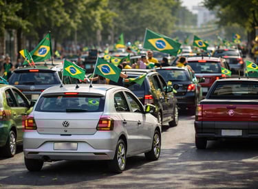 carreata de carros decorados para Copa do Mundo com bandeiras do Brasil