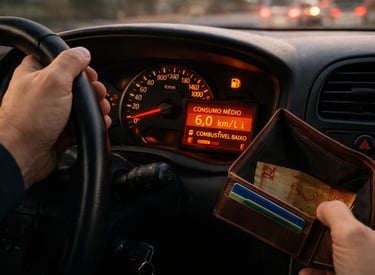 carro econômico mostrando consumo alto no painel com motorista segurando carteira vazia