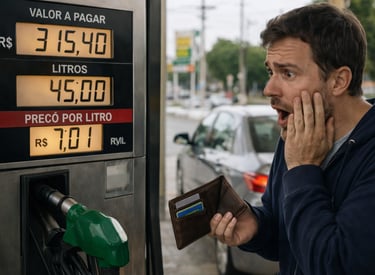 carro econômico com preço do combustível alto na bomba e homem assustado no posto