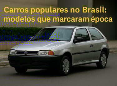 Volkswagen Gol prata estacionado em rua, com a frase Carros populares no Brasil no topo da imagem