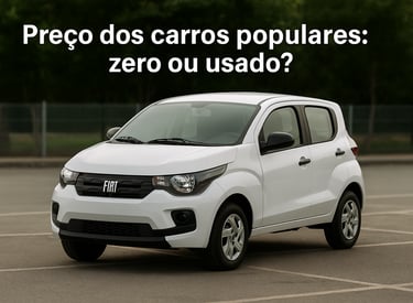 Fiat Mobi branco estacionado em área aberta, com a frase Preço dos carros populares: zero ou usado?