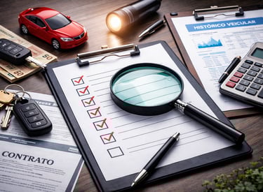 Checklist e documentos de compra de carro com lupa, contrato, histórico veicular e dinheiro em reais