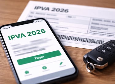 IPVA 2026 exibido em aplicativo bancário com chave de carro ao lado sobre mesa de madeira