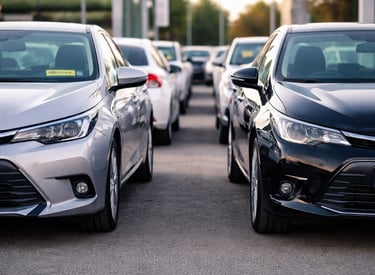 Dois carros usados estacionados lado a lado em pátio de concessionária ao entardecer