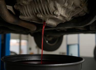 Fluido vermelho de câmbio automático sendo drenado debaixo de um carro durante troca de óleo