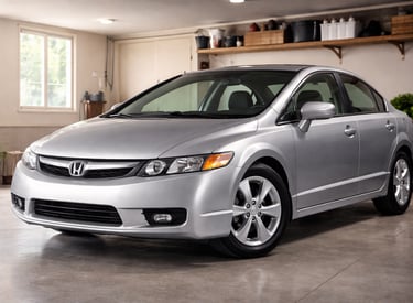 Sedã usado bem conservado estacionado em garagem iluminada e organizada