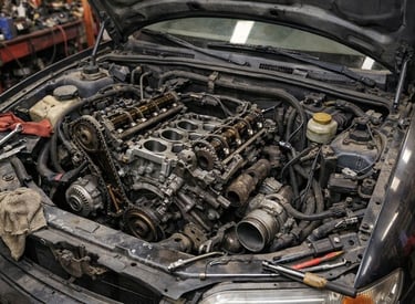 Motor parcialmente desmontado no cofre do carro, com capô aberto, em oficina mecânica comum