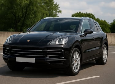 Porsche Cayenne preta metálica estacionada em garagem ao ar livre, vista frontal em ambiente realist