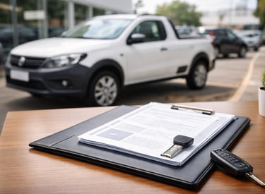 Pickup compacta em concessionária ao fundo com pasta de documentos empresariais e chave de carro sob