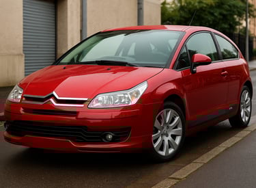 Citroën C4 VTR vermelho esportivo usado, estacionado em rua molhada, com destaque para o design mode