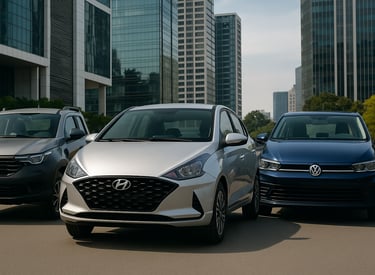 Fiat Strada, Hyundai HB20 e Volkswagen Polo lado a lado em ambiente urbano, representando os carros 