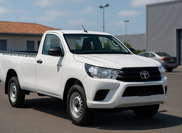Toyota Hilux cabine simples branca estacionada em pátio, vista de frente e lateral direita