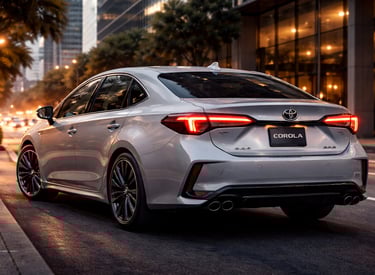 Toyota Corolla 2026 em vista traseira 3/4 com lanternas acesas em cenário urbano