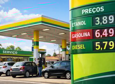 Posto de combustível no Brasil com painel digital mostrando o preço da gasolina, etanol e diesel