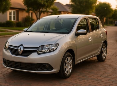 Renault Sandero 2015 vermelho estacionado em estacionamento aberto com montanhas e céu azul ao fundo