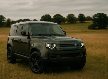 Land Rover Defender verde estacionado em campo aberto com gramado alto e céu nublado