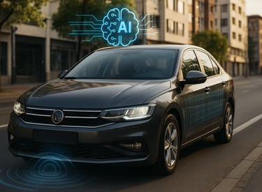 Carro usado moderno com sensores e tecnologia de inteligência artificial em rua urbana brasileira.