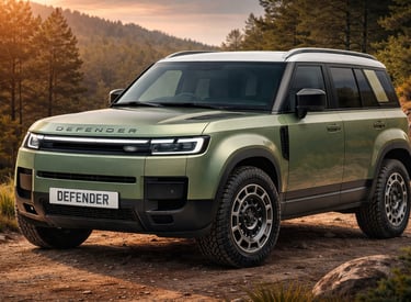 Novo Land Rover Defender Sport elétrico em cor verde metálica, em ângulo três quartos