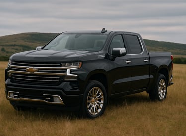Chevrolet Silverado High Country preta estacionada em campo aberto com céu nublado ao fundo