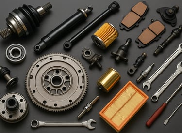 Peças automotivas variadas organizadas sobre superfície escura, incluindo filtros e componentes metá