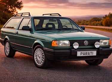 VW Parati clássica em verde metálico com placa dianteira Parati, posicionada em ângulo 3/4 frontal