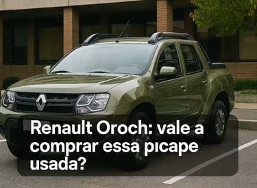 Renault Oroch verde estacionada em estacionamento urbano, com frase: Renault Oroch: vale a pena comp
