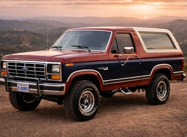 Ford Bronco clássico azul e vinho, modelo entre carros antigos da Ford.