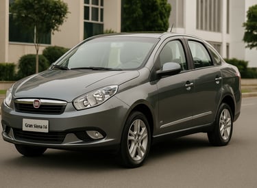 Fiat Grand Siena 1.6 prata estacionado em rua urbana, visto em ângulo 3/4, com design elegante e equ