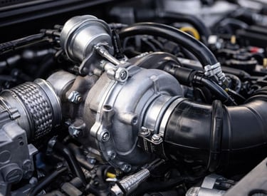 Turbocompressor de motor 1.0 turbo com mangueiras e conexões em detalhe técnico