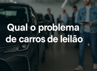 Imagem de capa com carros usados em pátio de leilão, destaque para o título “Qual o problema de carr