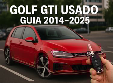 Golf GTI vermelho visto de frente em ângulo 3/4, estacionado em pátio urbano com fundo desfocado.