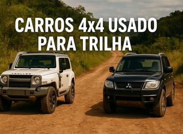 Carros 4x4 usados para trilha, Troller T4 e Mitsubishi Pajero TR4 lado a lado em estrada de terra