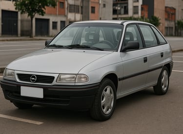 Chevrolet Astra 1994 prata em pátio urbano, carro inteiro em destaque, ângulo 3/4 dianteiro
