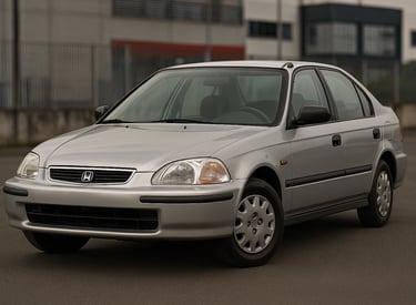 Honda Civic 1997 prata em pátio urbano, carro inteiro em destaque, ângulo 3/4 dianteiro