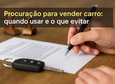 Mão segurando caneta prestes a assinar documento sobre mesa de madeira com chave de carro e carimbos