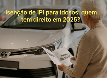 Idosa analisando folheto diante de um Toyota Corolla em concessionária, com frase sobre isenção de I