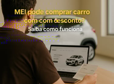 Homem em home office consulta site de montadora no notebook com oferta de carro, com texto sobre des