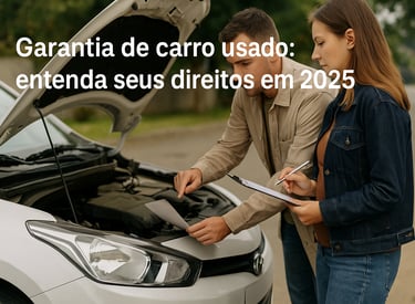 Homem e mulher inspecionam carro usado com capô aberto, discutindo garantia em rua residencial.
