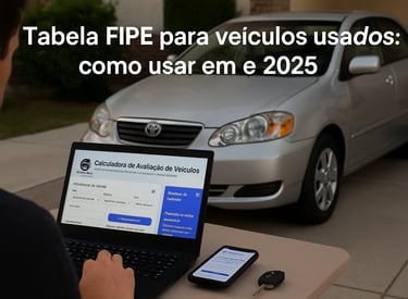 Pessoa consulta Tabela FIPE em notebook com site da Calculadora Seu Carro Usado ao lado do carro.